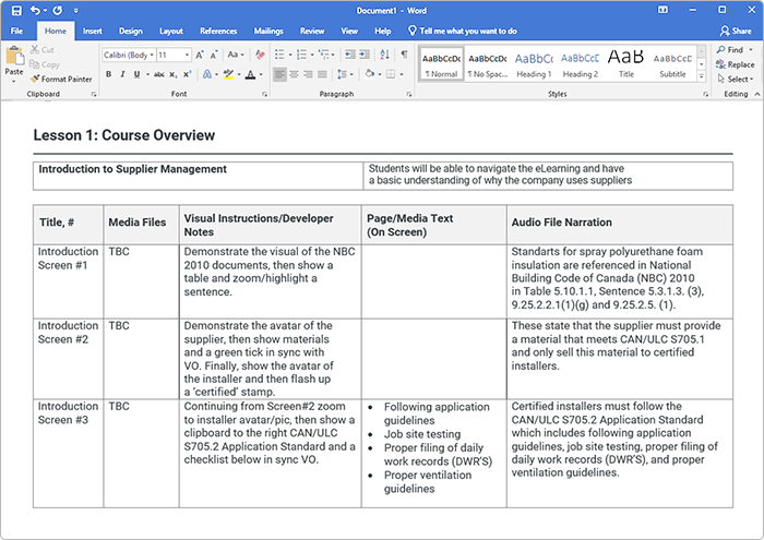 Word storyboard example Word eLearning storyboard example