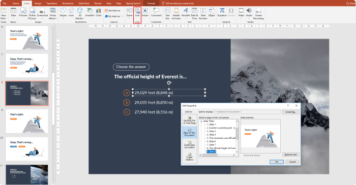 Adding navigation to the quiz Adding navigation to the quiz in PowerPoint