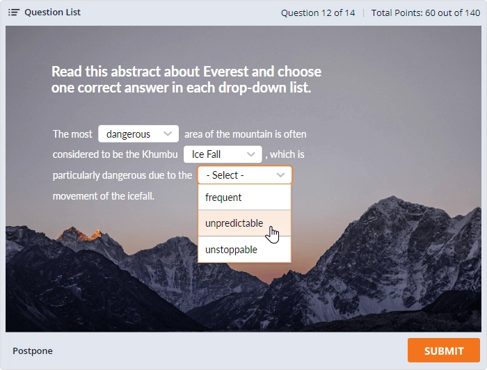 Example of Select from Lists quiz question Example of Select from Lists quiz question