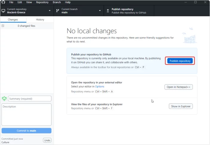 The Publish repository button in GitHub desktop