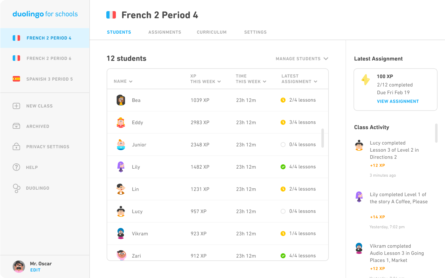 The Duolingo for Schools interface The Duolingo for Schools interface
