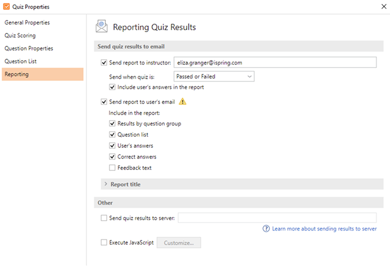 Sending quiz results to the trainer with iSpring QuizMaker Set iSpring QuizMaker to send quiz results via email