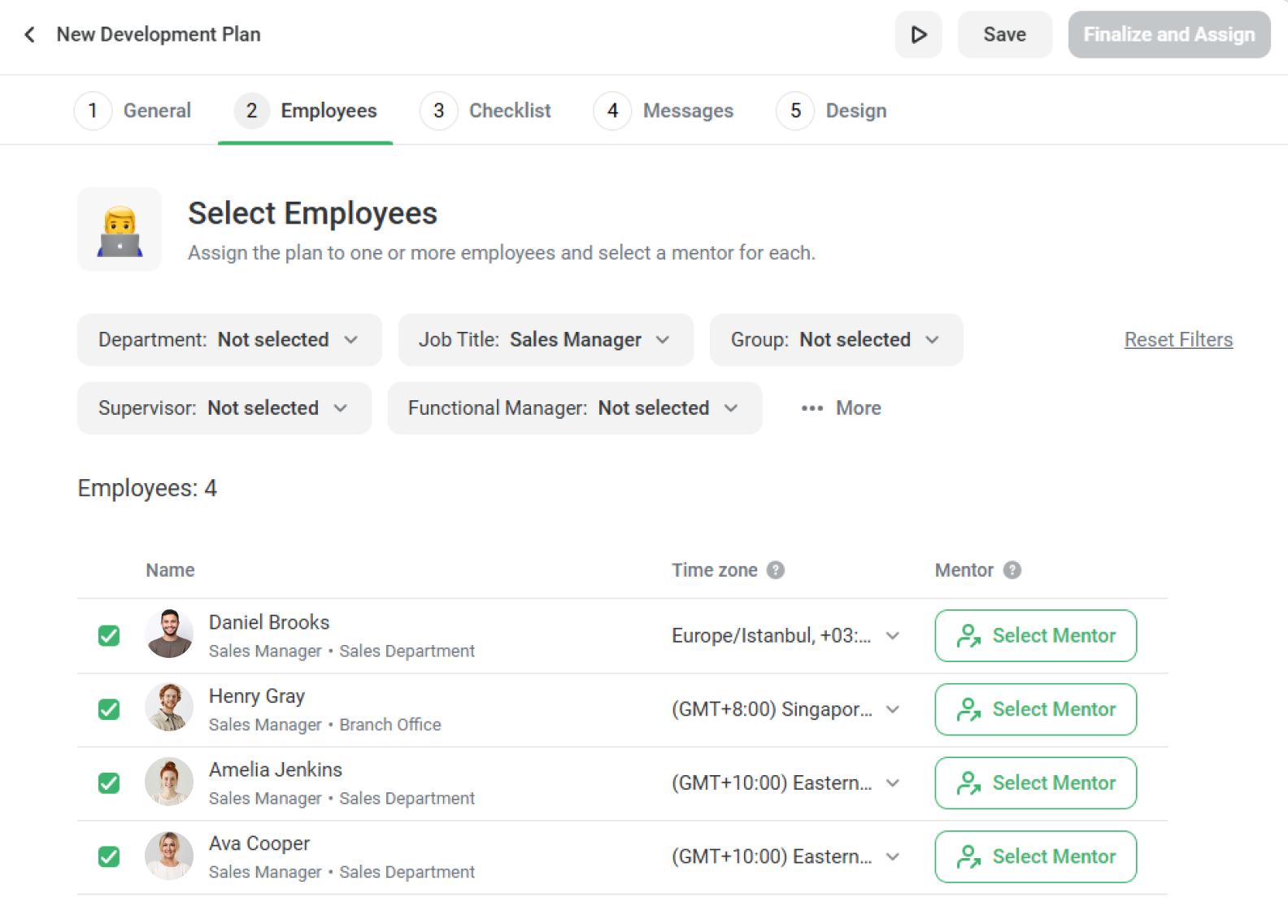 The Employees tab Use the Employees tab to select staff and their mentors